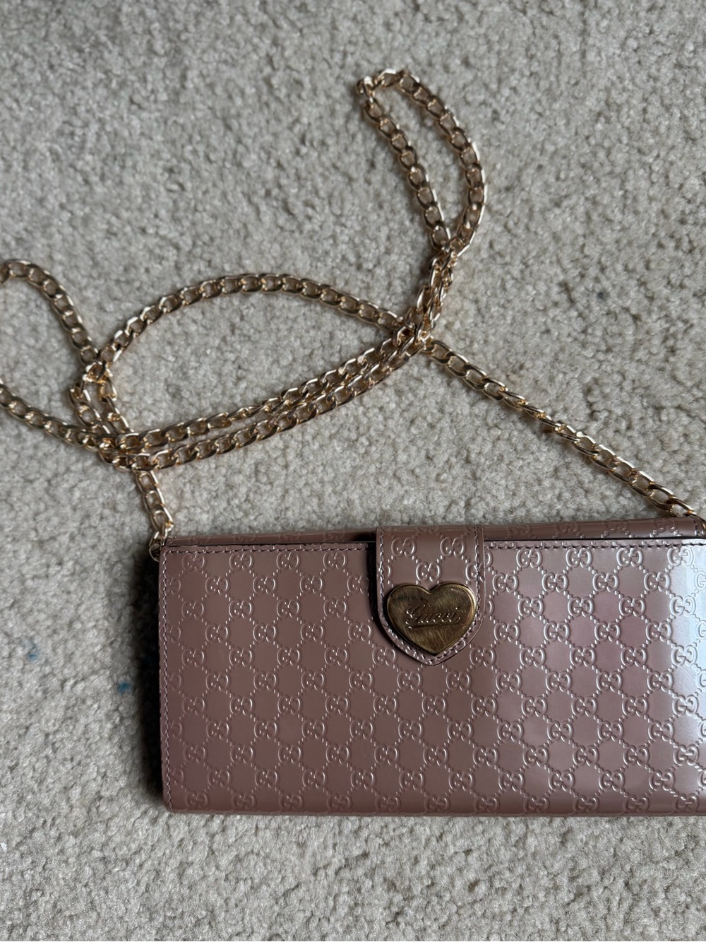 Gucci Blush Pink Patent Leather GG Monogram Heart Lock Long Wallet w/Chain*